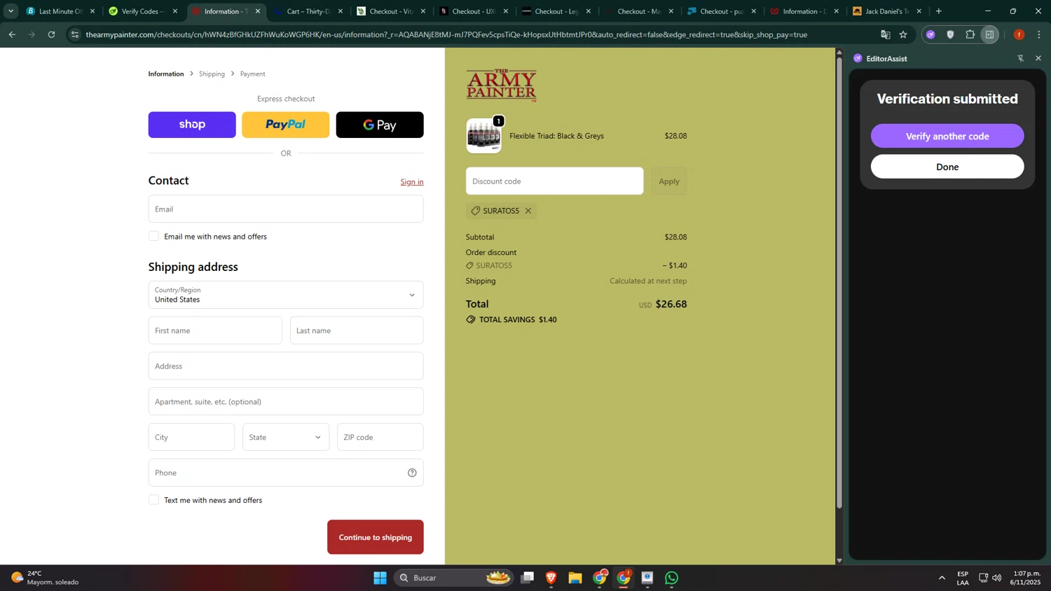 The Army Painter discount code screenshot showing code Suratos5 applied at The Army Painter checkout page. Uploaded by SimplyCodes community member jeremyriera on Nov 6, 2025