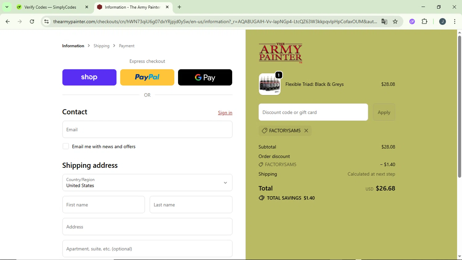 The Army Painter discount code screenshot showing code FactorySam5 applied at The Army Painter checkout page. Uploaded by SimplyCodes community member GloriousCollector9930 on Dec 31, 2025