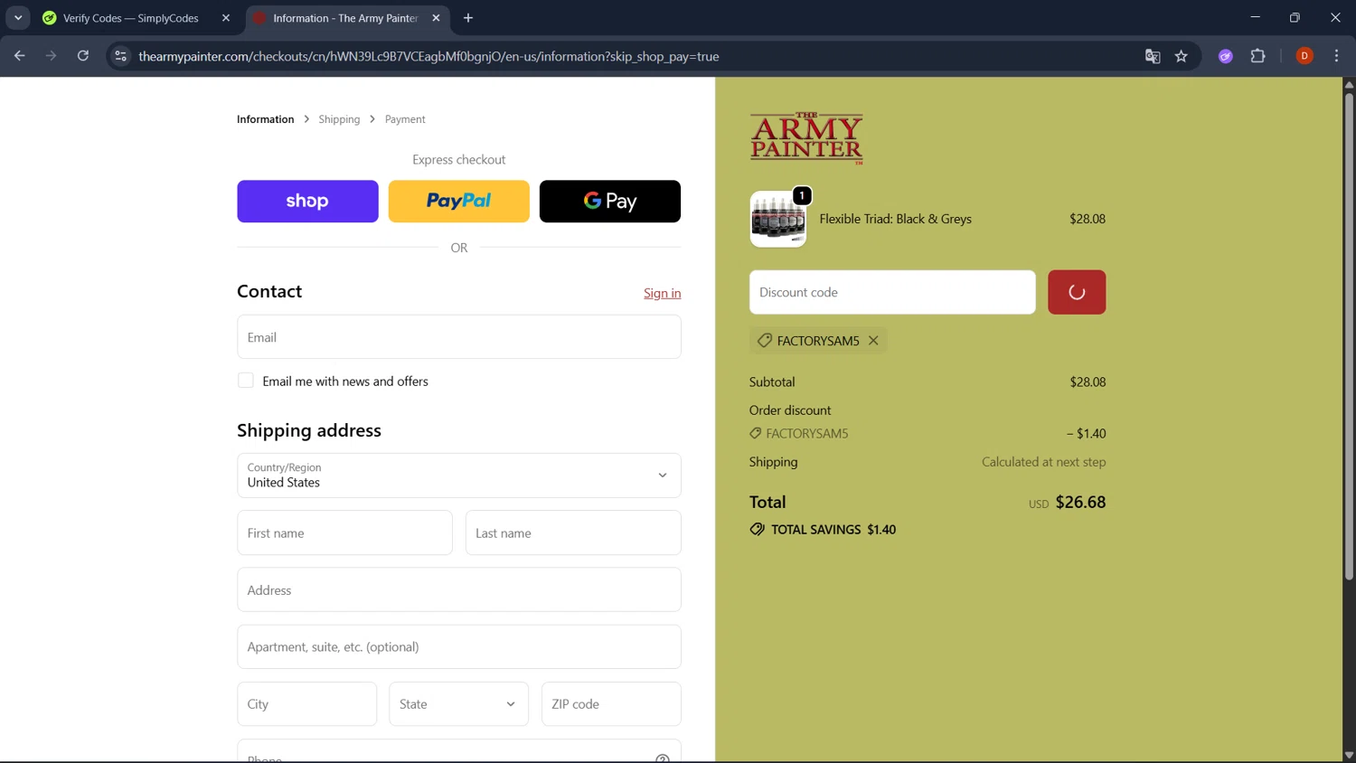 The Army Painter discount code screenshot showing code FactorySam5 applied at The Army Painter checkout page. Uploaded by SimplyCodes community member RoyalSaver3150 on Sep 19, 2025