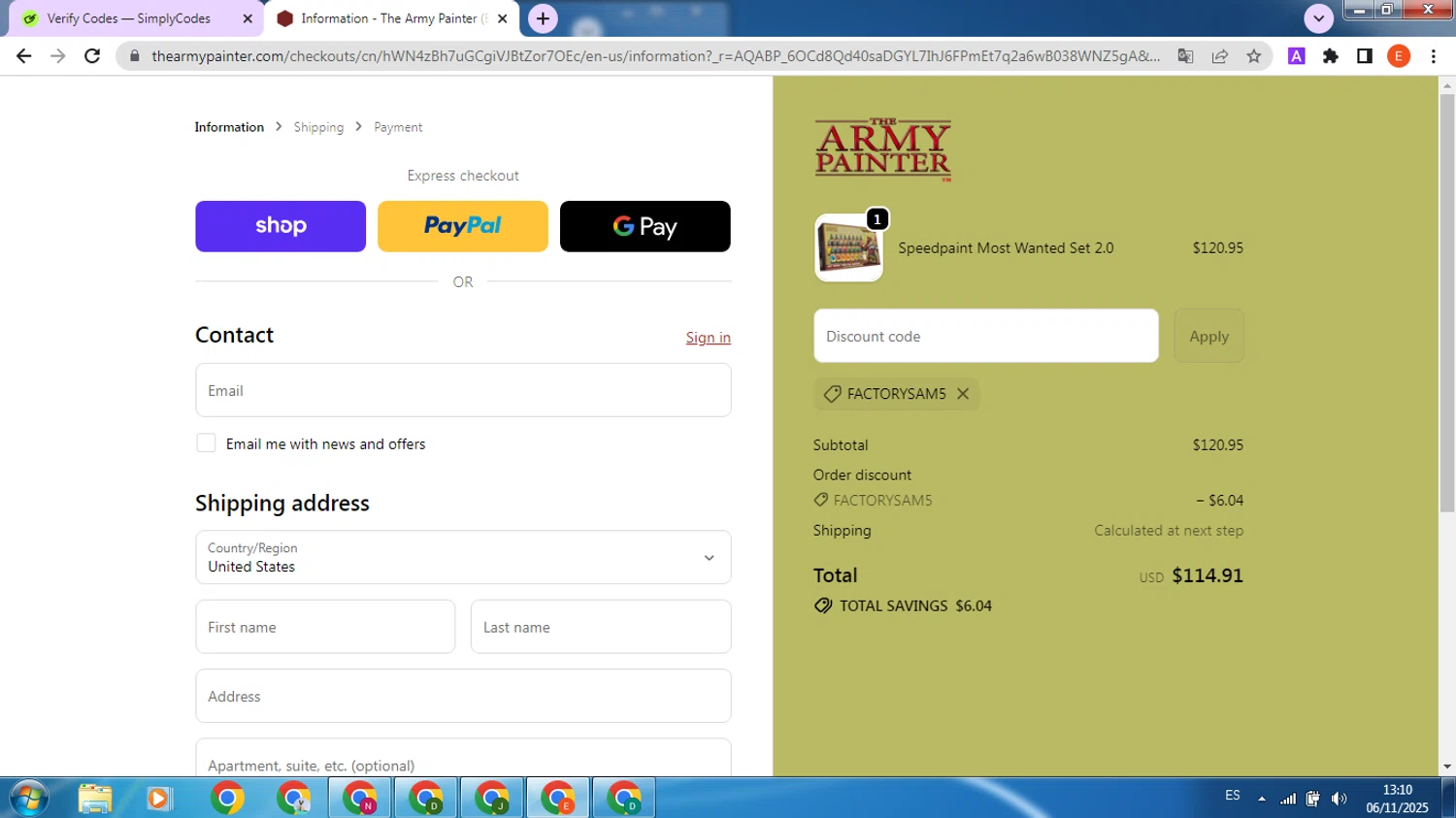 The Army Painter discount code screenshot showing code FactorySam5 applied at The Army Painter checkout page. Uploaded by SimplyCodes community member VoucherScout5024 on Nov 6, 2025