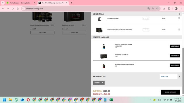 The Art of Shaving checkout page showing The Art of Shaving discount code box | Screenshot taken by SimplyCodes community member on Aug 8, 2025