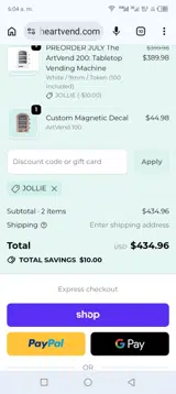 JOLLIE coupon verification screenshot