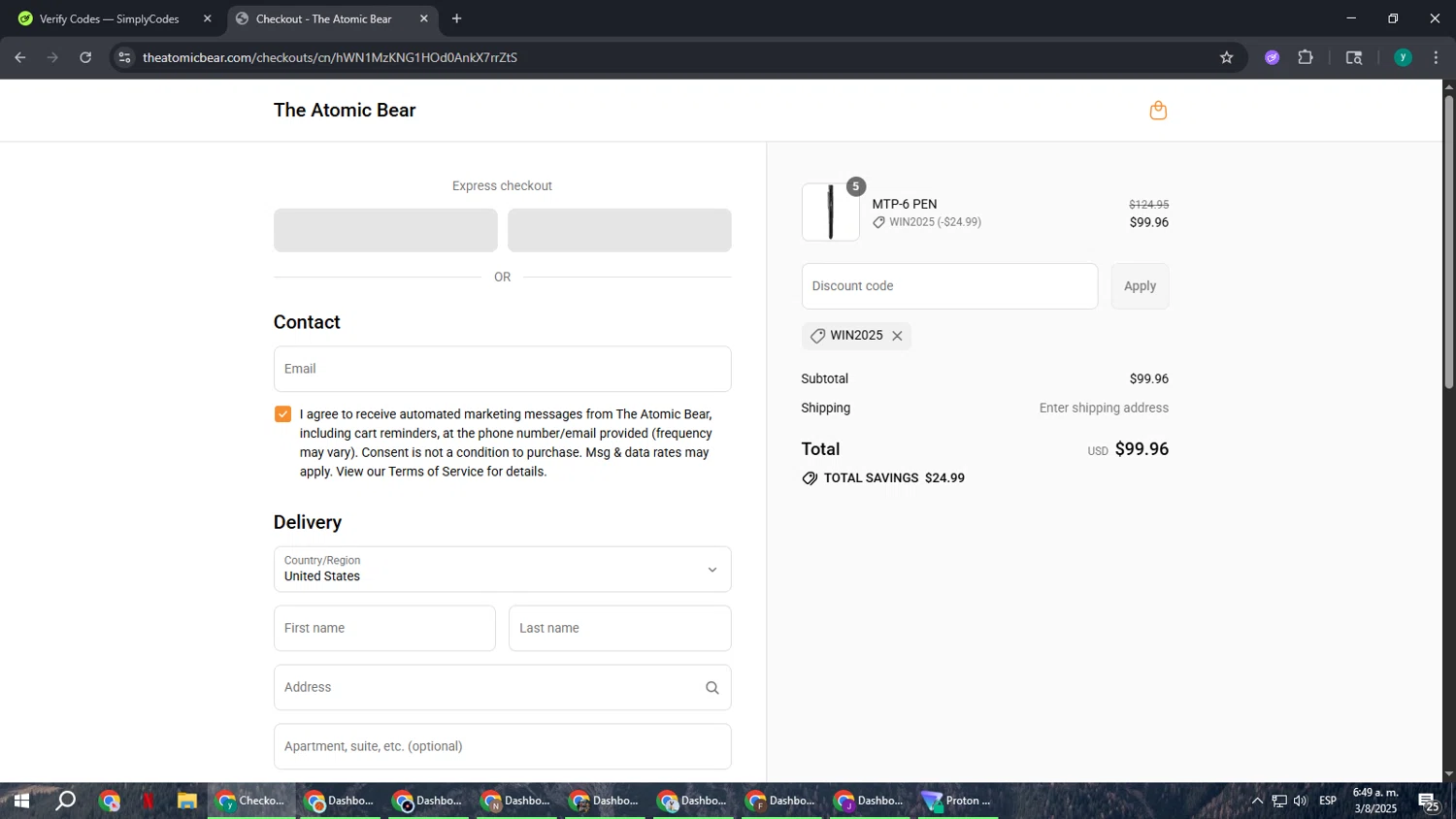 The Atomic Bear promo code screenshot showing code win2025 applied at The Atomic Bear checkout page. Uploaded by SimplyCodes community member FrugalCaptain6906 on Aug 3, 2025