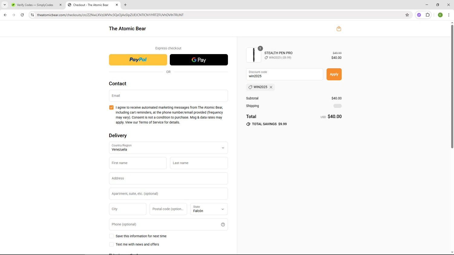 The Atomic Bear promo code screenshot showing code win2025 applied at The Atomic Bear checkout page. Uploaded by SimplyCodes community member SUZUKIV on Jul 21, 2025