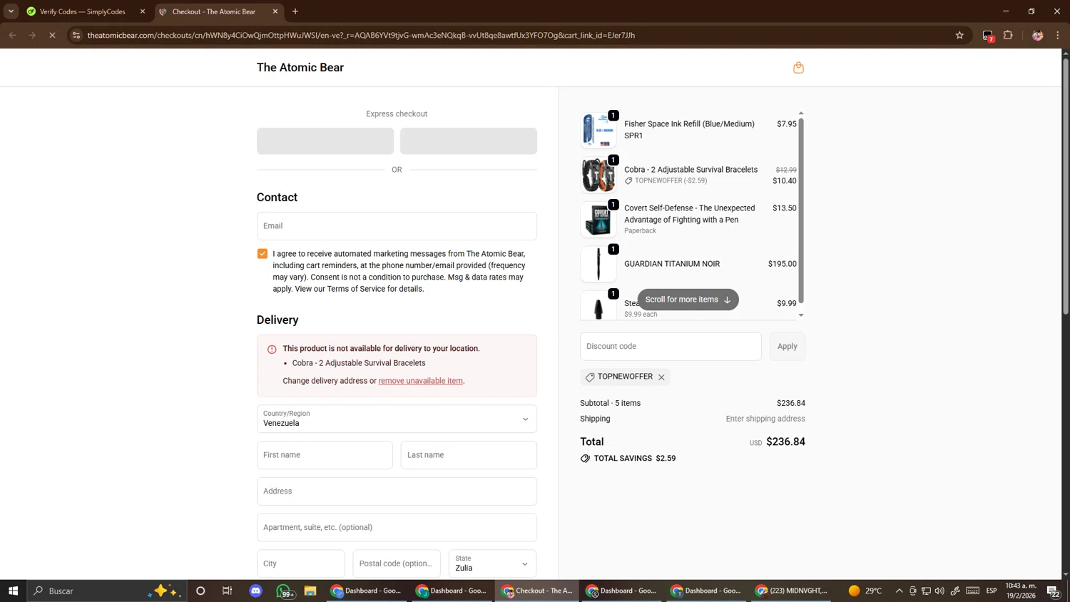 The Atomic Bear checkout page showing The Atomic Bear promo code box | Screenshot taken by SimplyCodes community member on Feb 19, 2026