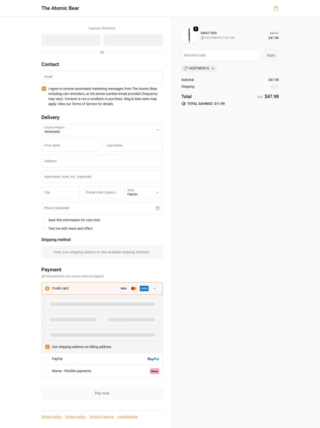 The Atomic Bear promo code screenshot showing code HOOTNEW10 applied at The Atomic Bear checkout page. Uploaded by SimplyCodes community member belma123 on Feb 17, 2026