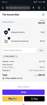 WELCOME10 coupon verification screenshot