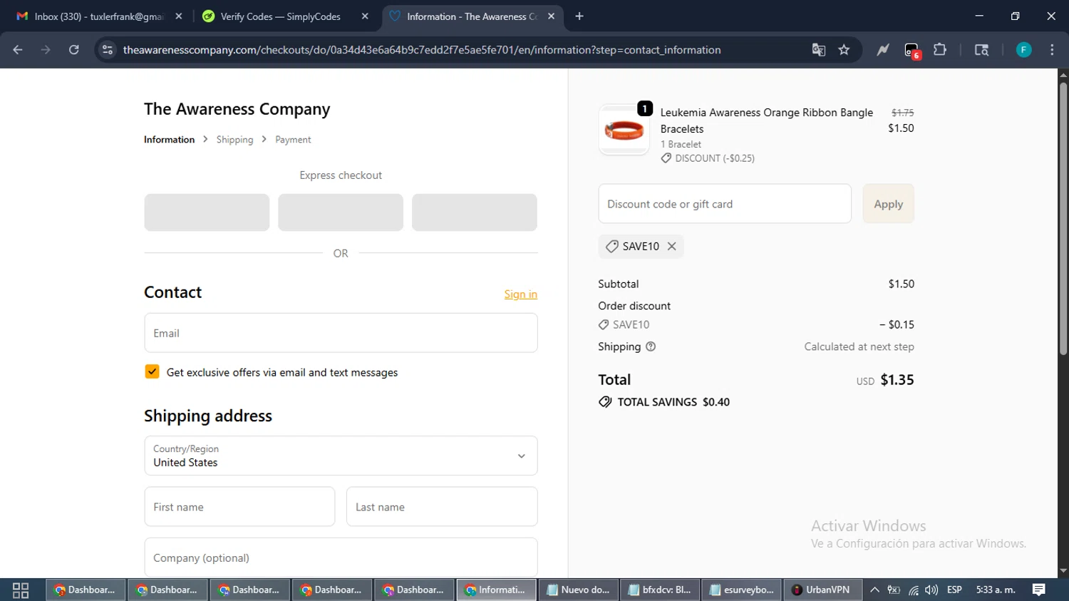 The Awareness Company promo code screenshot showing code SAVE10 applied at The Awareness Company checkout page. Uploaded by SimplyCodes community member ShrewdTitan3233 on Oct 27, 2025