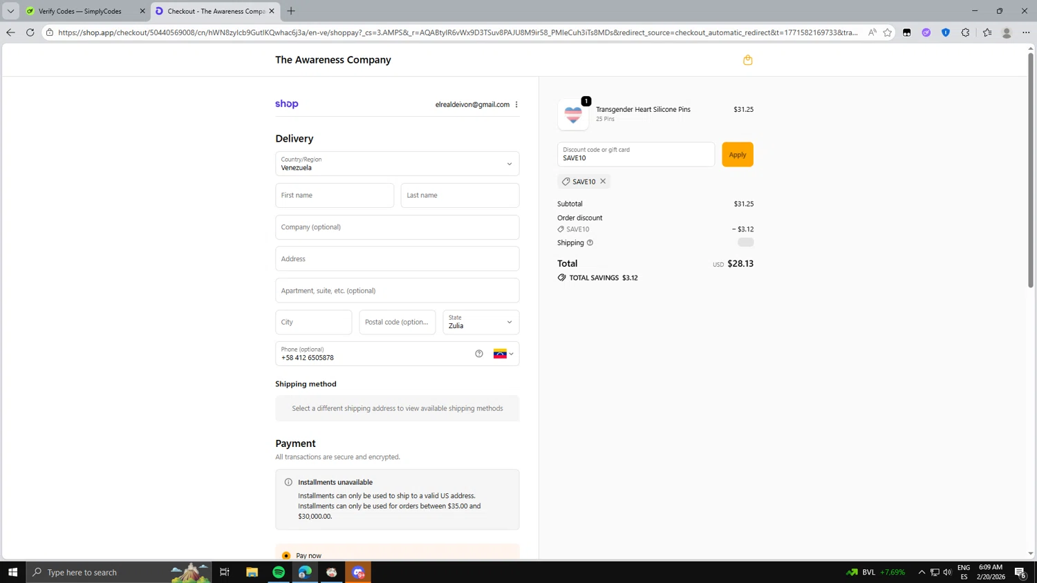 The Awareness Company checkout page showing The Awareness Company promo code box | Screenshot taken by SimplyCodes community member on Feb 20, 2026