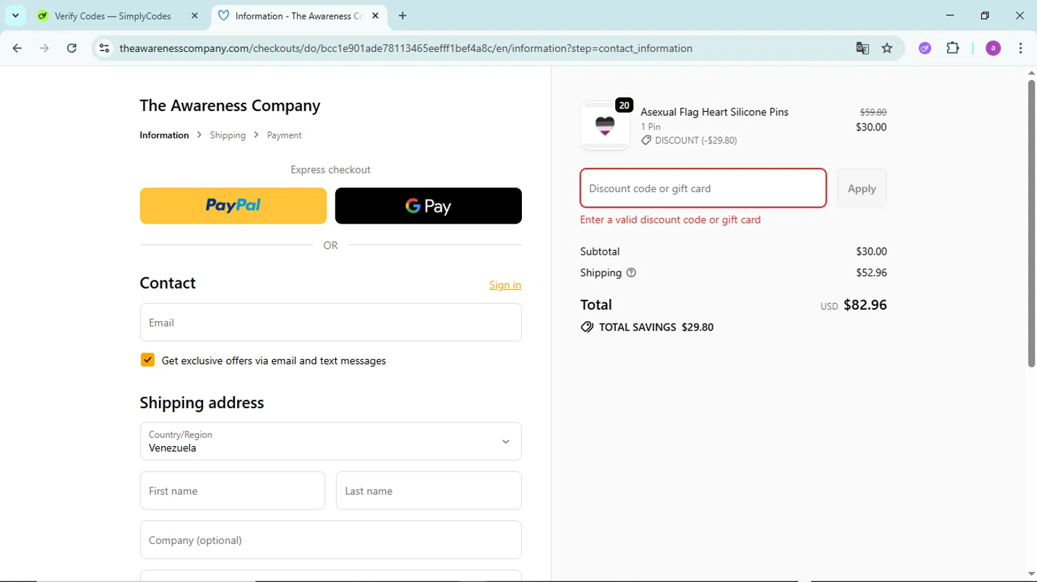 The Awareness Company promo code screenshot showing code BLACK applied at The Awareness Company checkout page. Uploaded by SimplyCodes community member PennyBoss9589 on Dec 23, 2025