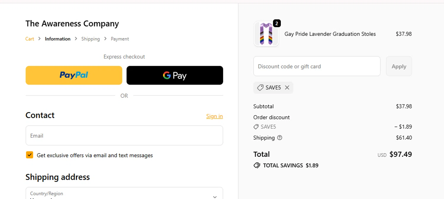 The Awareness Company promo code screenshot showing code SAVE5 applied at The Awareness Company checkout page. Uploaded by SimplyCodes community member Garengod on Oct 8, 2025