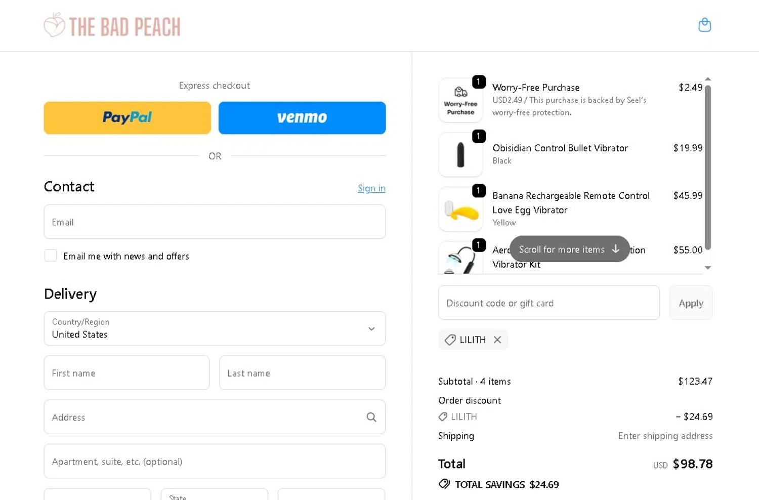 The Bad Peach promo code screenshot showing code LILITH applied at The Bad Peach checkout page. Uploaded by SimplyCodes community member LAMINEJAMAL on Jun 4, 2026