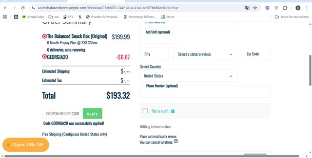 The Balanced Company checkout page showing The Balanced Company promo code box | Screenshot taken by SimplyCodes community member on Aug 27, 2025
