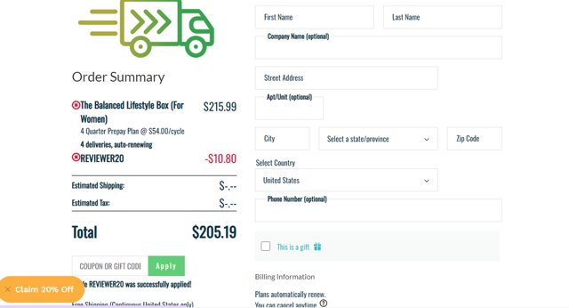 The Balanced Company checkout page showing The Balanced Company promo code box | Screenshot taken by SimplyCodes community member on Sep 3, 2025