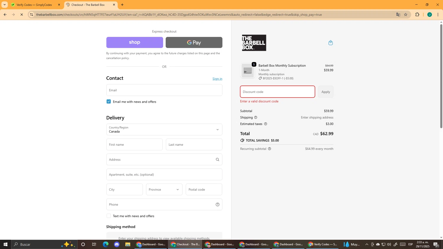 The Barbell Box promo code screenshot showing code GETFIT10 applied at The Barbell Box checkout page. Uploaded by SimplyCodes community member DealScout5970 on Nov 29, 2025