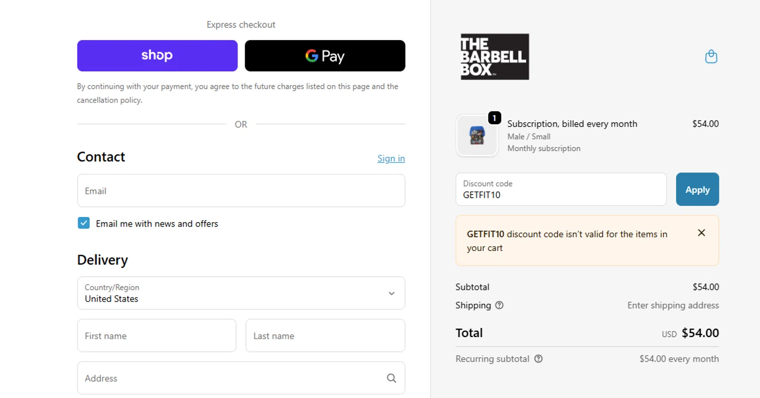 The Barbell Box promo code screenshot showing code GETFIT10 applied at The Barbell Box checkout page. Uploaded by SimplyCodes community member Francisco on Oct 22, 2025