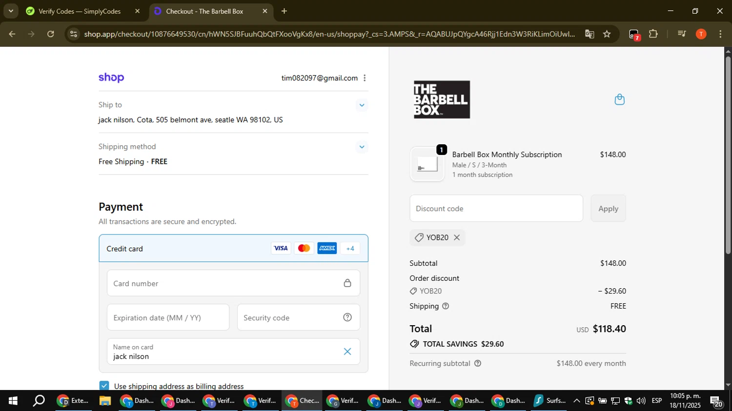 The Barbell Box promo code screenshot showing code YOB20 applied at The Barbell Box checkout page. Uploaded by SimplyCodes community member ShrewdAce8338 on Nov 19, 2025