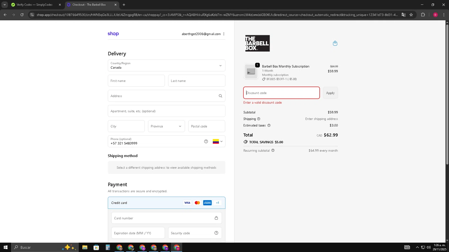 The Barbell Box promo code screenshot showing code YOB20 applied at The Barbell Box checkout page. Uploaded by SimplyCodes community member TreasureGuardian552 on Nov 29, 2025