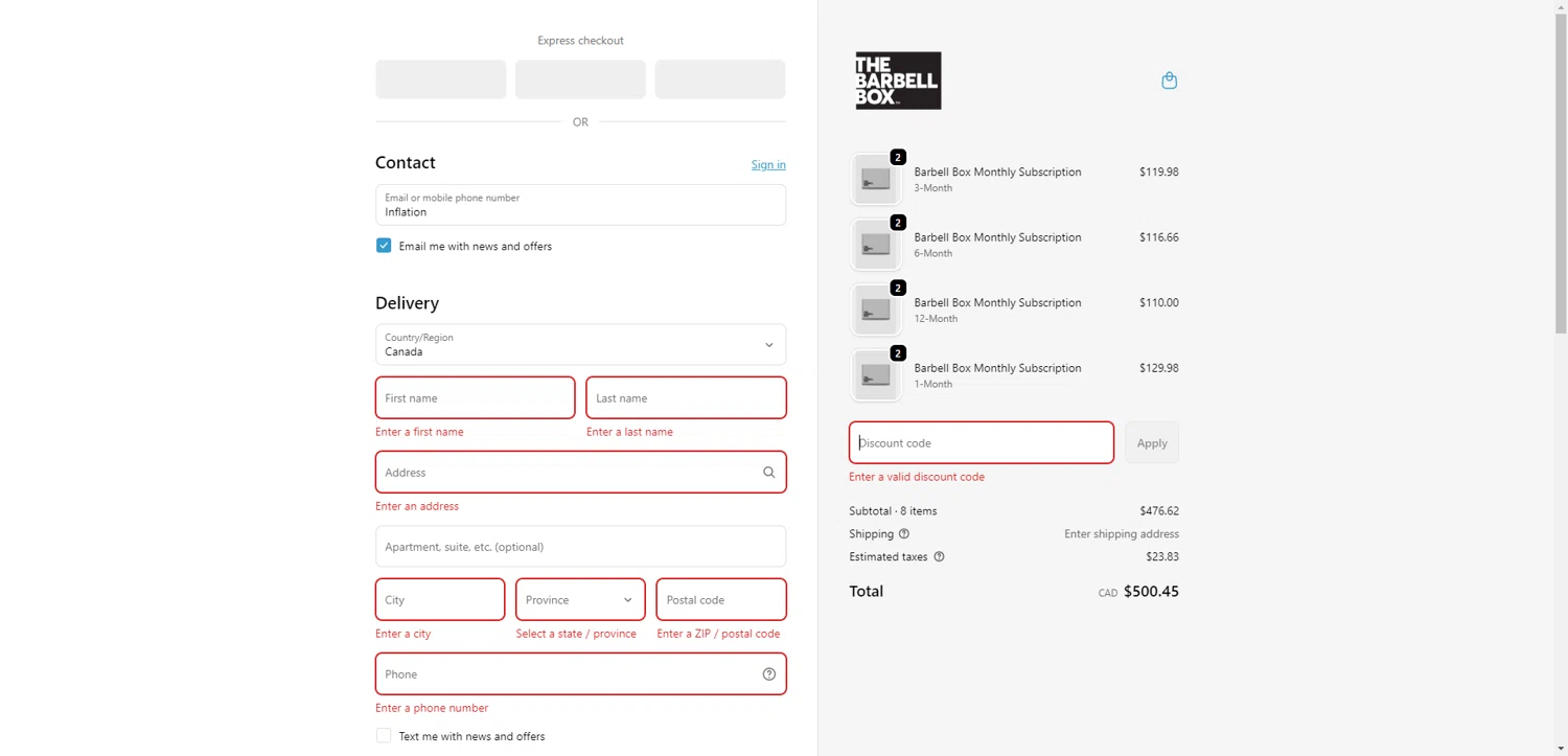 The Barbell Box promo code screenshot showing code Inflation applied at The Barbell Box checkout page. Uploaded by SimplyCodes community member CrownWhiz8114 on Nov 29, 2025