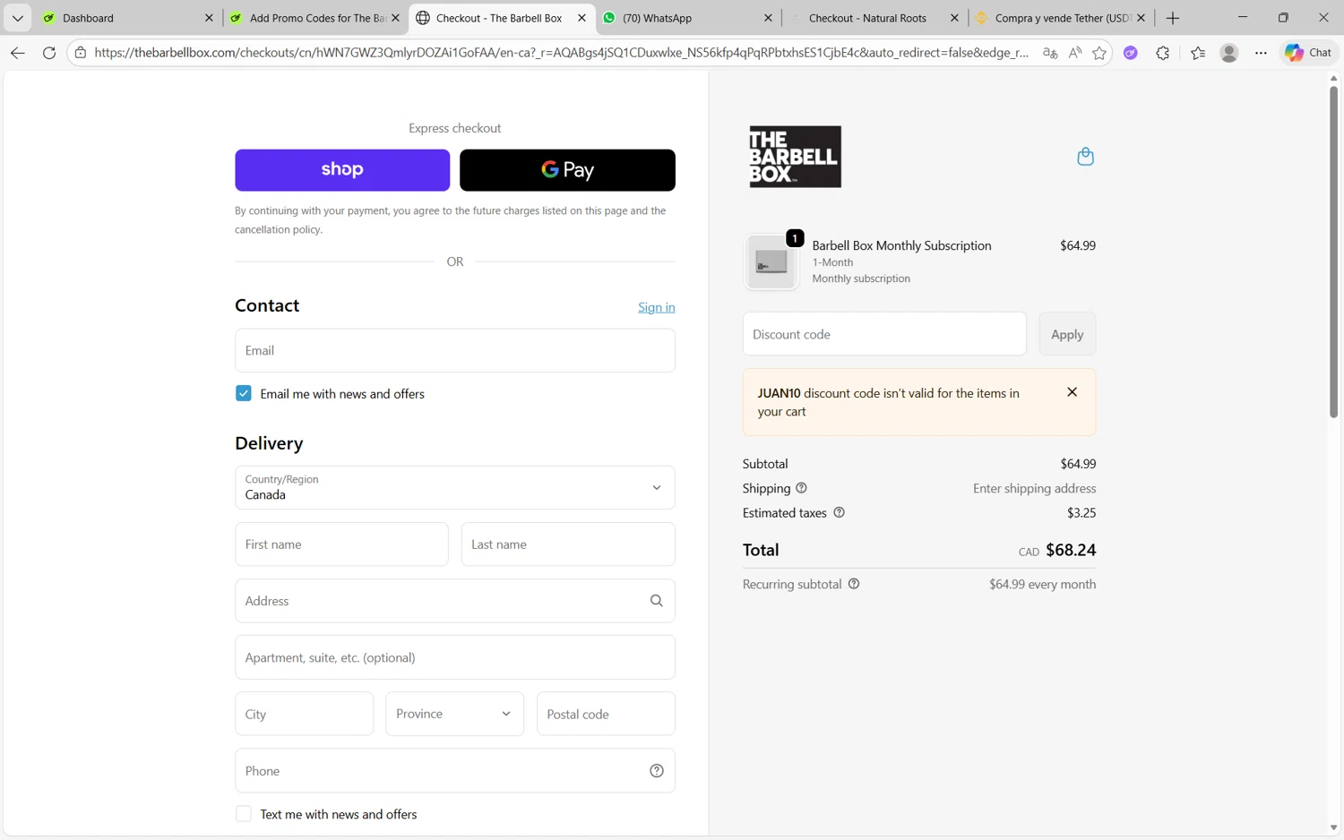 The Barbell Box promo code screenshot showing code juan10 applied at The Barbell Box checkout page. Uploaded by SimplyCodes community member juanx1702 on Jan 5, 2026