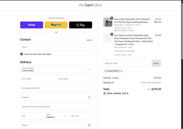 The Barn Door Hardware Store checkout page showing The Barn Door Hardware Store coupon code box | Screenshot taken by SimplyCodes community member on Aug 29, 2025