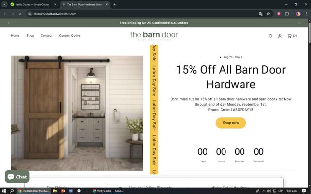 The Barn Door Hardware Store checkout page showing The Barn Door Hardware Store coupon code box | Screenshot taken by SimplyCodes community member on Sep 2, 2025