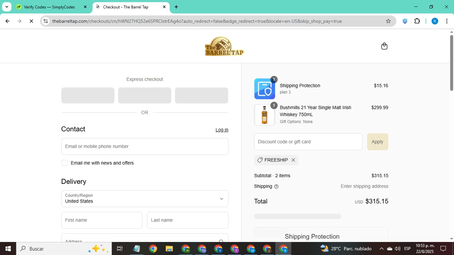 The Barrel Tap discount code screenshot showing code FREESHIP applied at The Barrel Tap checkout page. Uploaded by SimplyCodes community member CodeShopper8605 on Aug 23, 2025