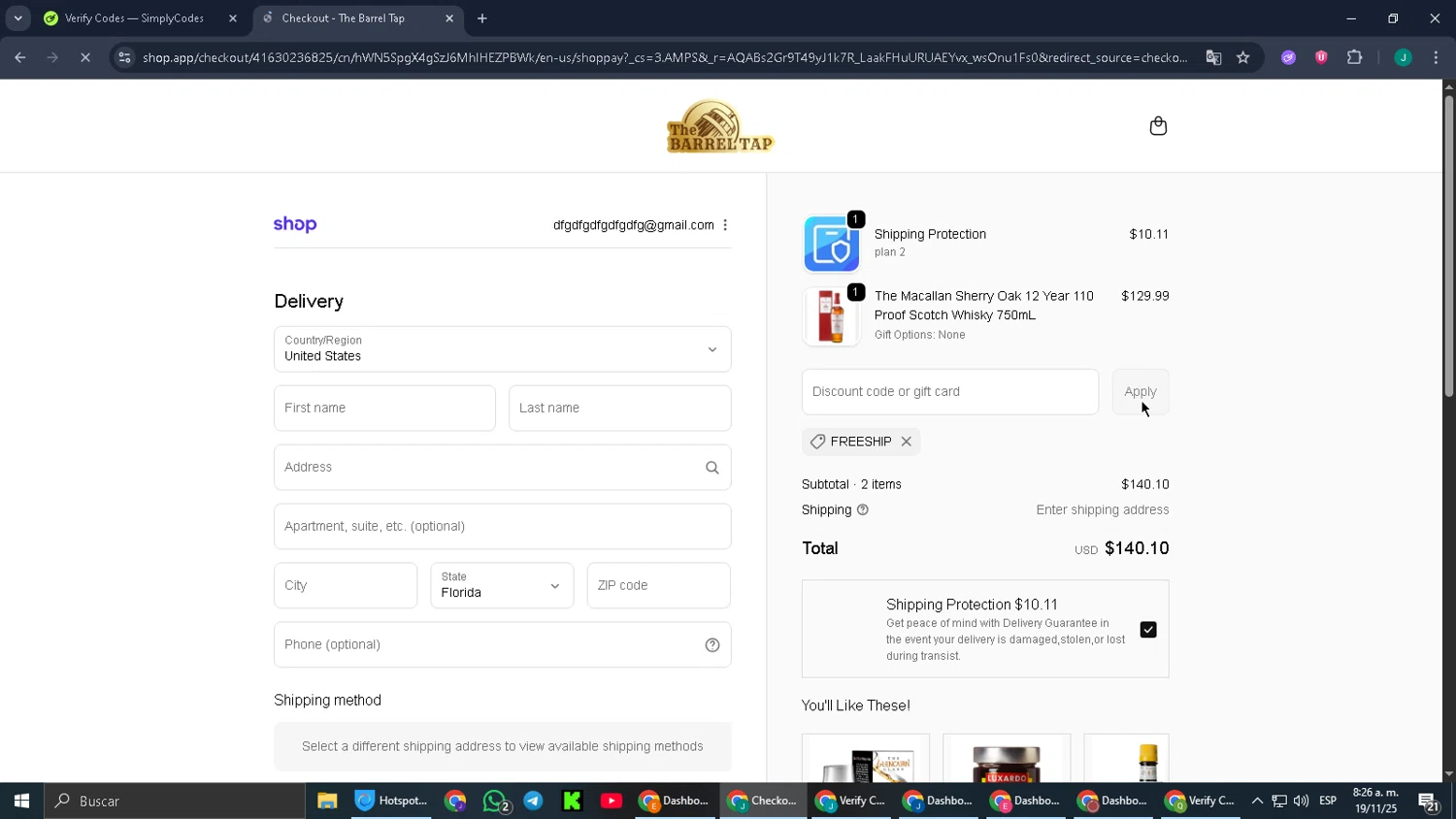 The Barrel Tap discount code screenshot showing code FREESHIP applied at The Barrel Tap checkout page. Uploaded by SimplyCodes community member MoneyPilot9165 on Nov 19, 2025
