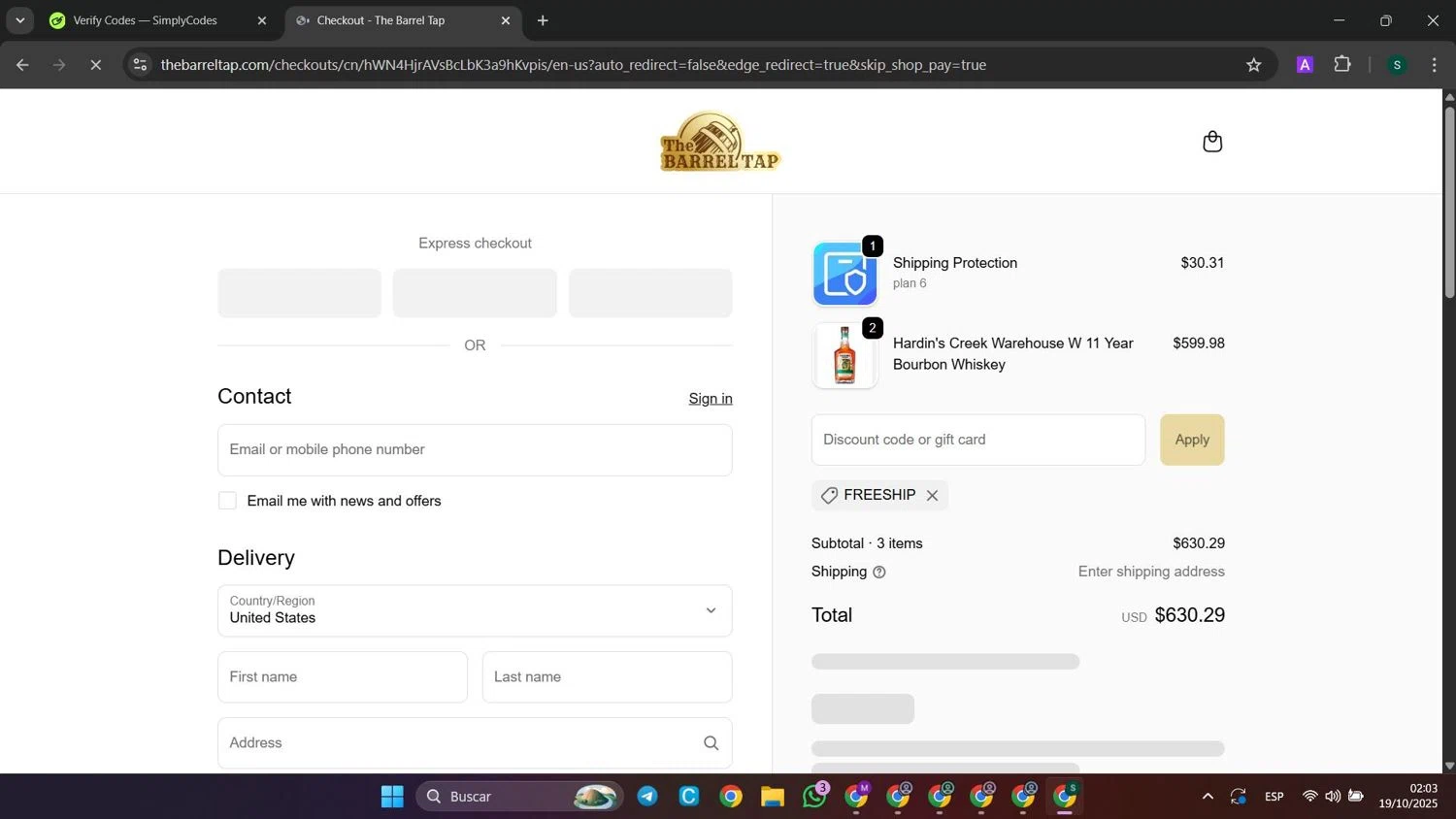 The Barrel Tap discount code screenshot showing code FREESHIP applied at The Barrel Tap checkout page. Uploaded by SimplyCodes community member SaleHunter9008 on Oct 19, 2025
