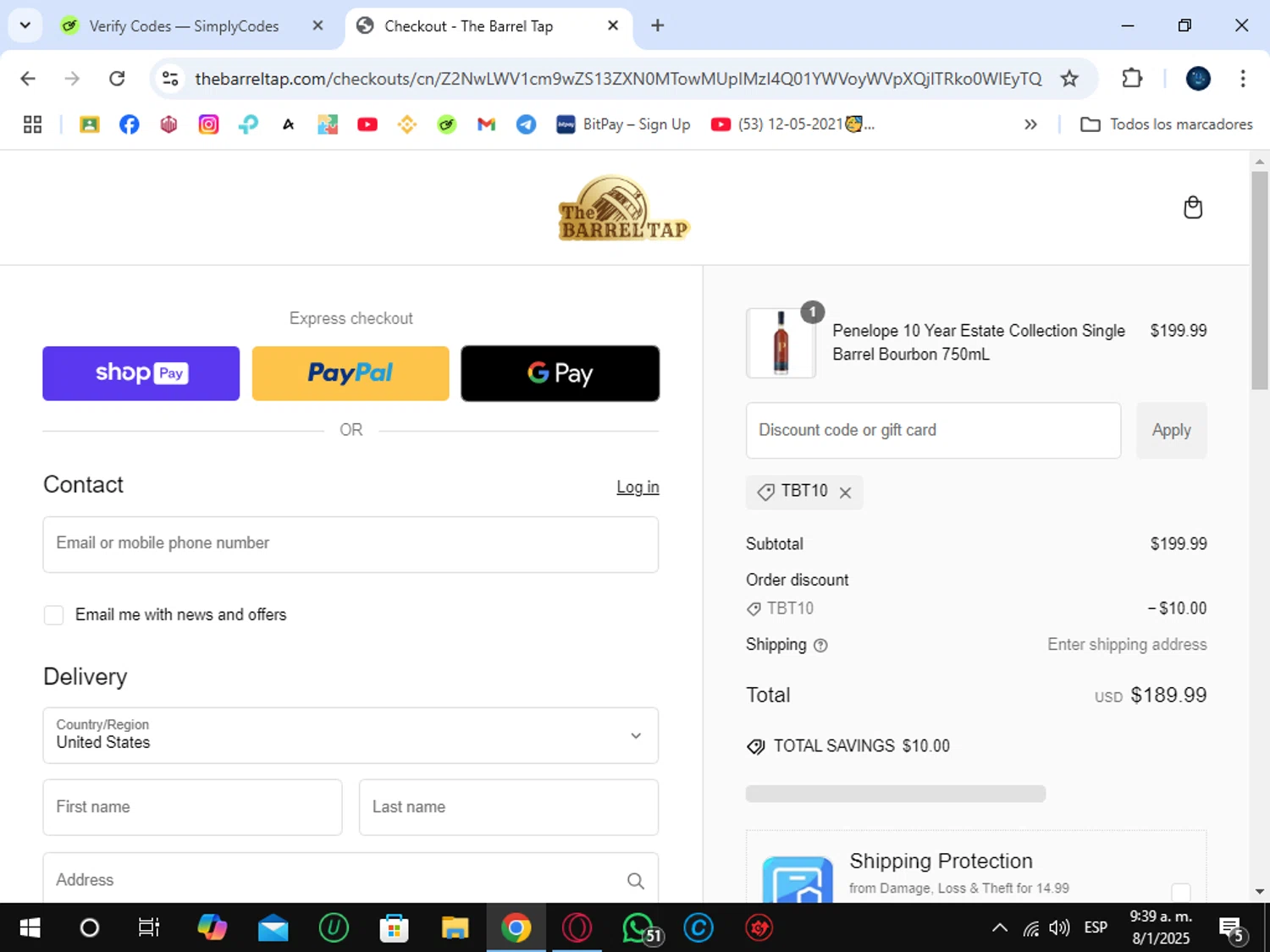 The Barrel Tap discount code screenshot showing code TBT10 applied at The Barrel Tap checkout page. Uploaded by SimplyCodes community member SunJinWoo on Jan 8, 2025