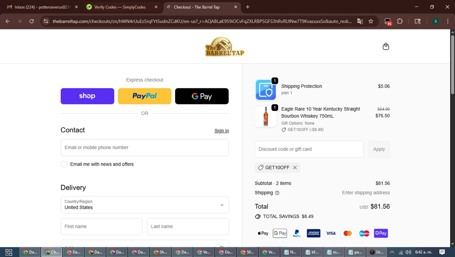 The Barrel Tap discount code screenshot showing code get10off applied at The Barrel Tap checkout page. Uploaded by SimplyCodes community member ShrewdAce7935 on Nov 3, 2025