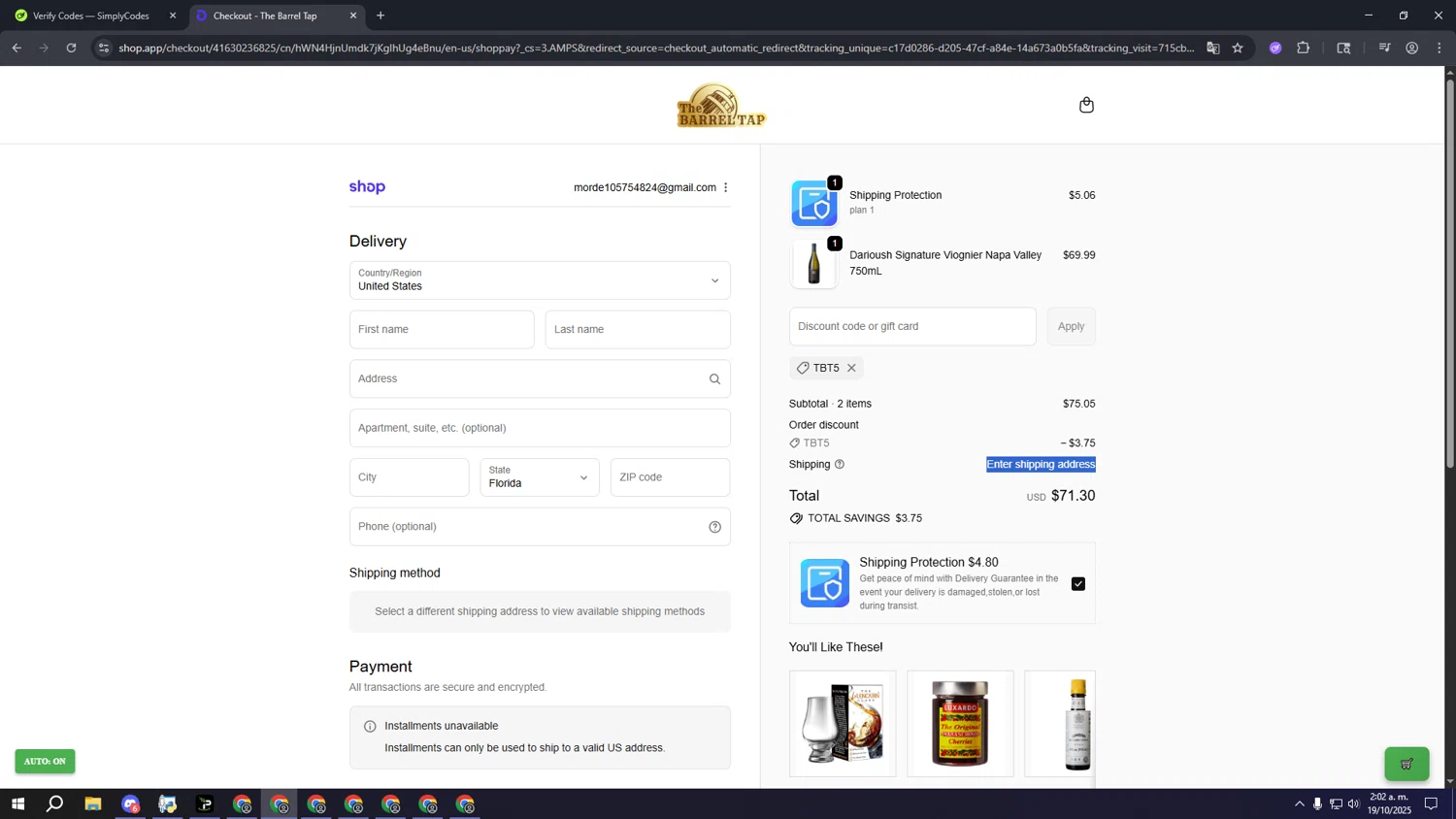 The Barrel Tap discount code screenshot showing code TBT5 applied at The Barrel Tap checkout page. Uploaded by SimplyCodes community member aaaaaaaaaaaaaaaa on Oct 19, 2025