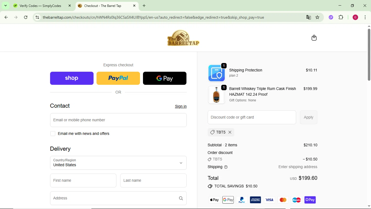 The Barrel Tap discount code screenshot showing code TBT5 applied at The Barrel Tap checkout page. Uploaded by SimplyCodes community member CrownFinder3074 on Oct 23, 2025