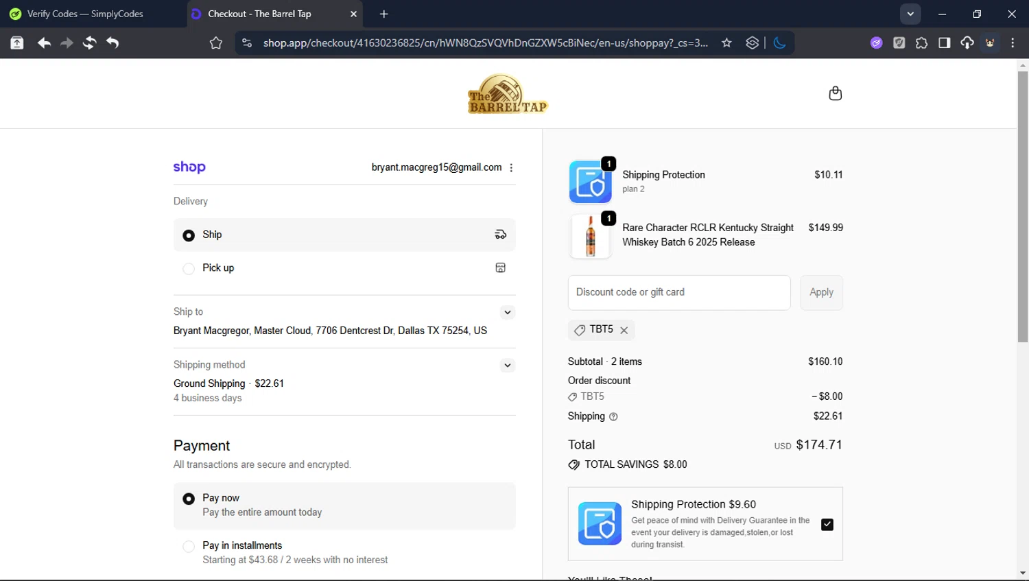 The Barrel Tap checkout page showing The Barrel Tap discount code box | Screenshot taken by SimplyCodes community member on Feb 5, 2026