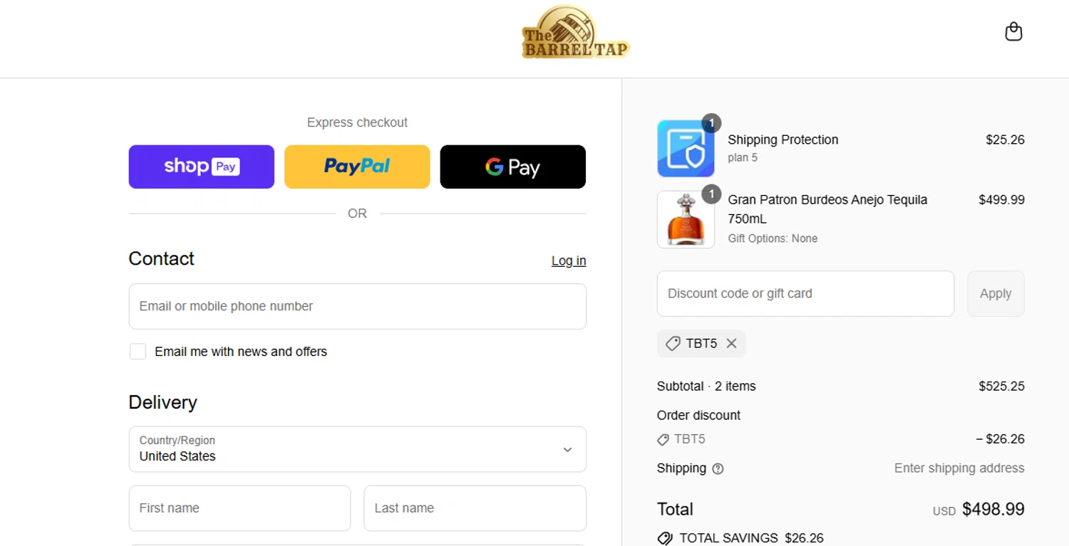 The Barrel Tap discount code screenshot showing code TBT5 applied at The Barrel Tap checkout page. Uploaded by SimplyCodes community member ashe1986 on Aug 28, 2025