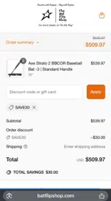 The Bat Flip Shop coupon verification screenshot