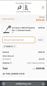 The Bat Flip Shop coupon verification screenshot