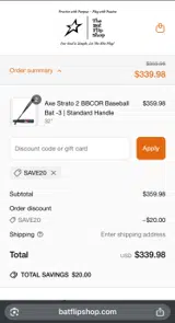 The Bat Flip Shop coupon verification screenshot