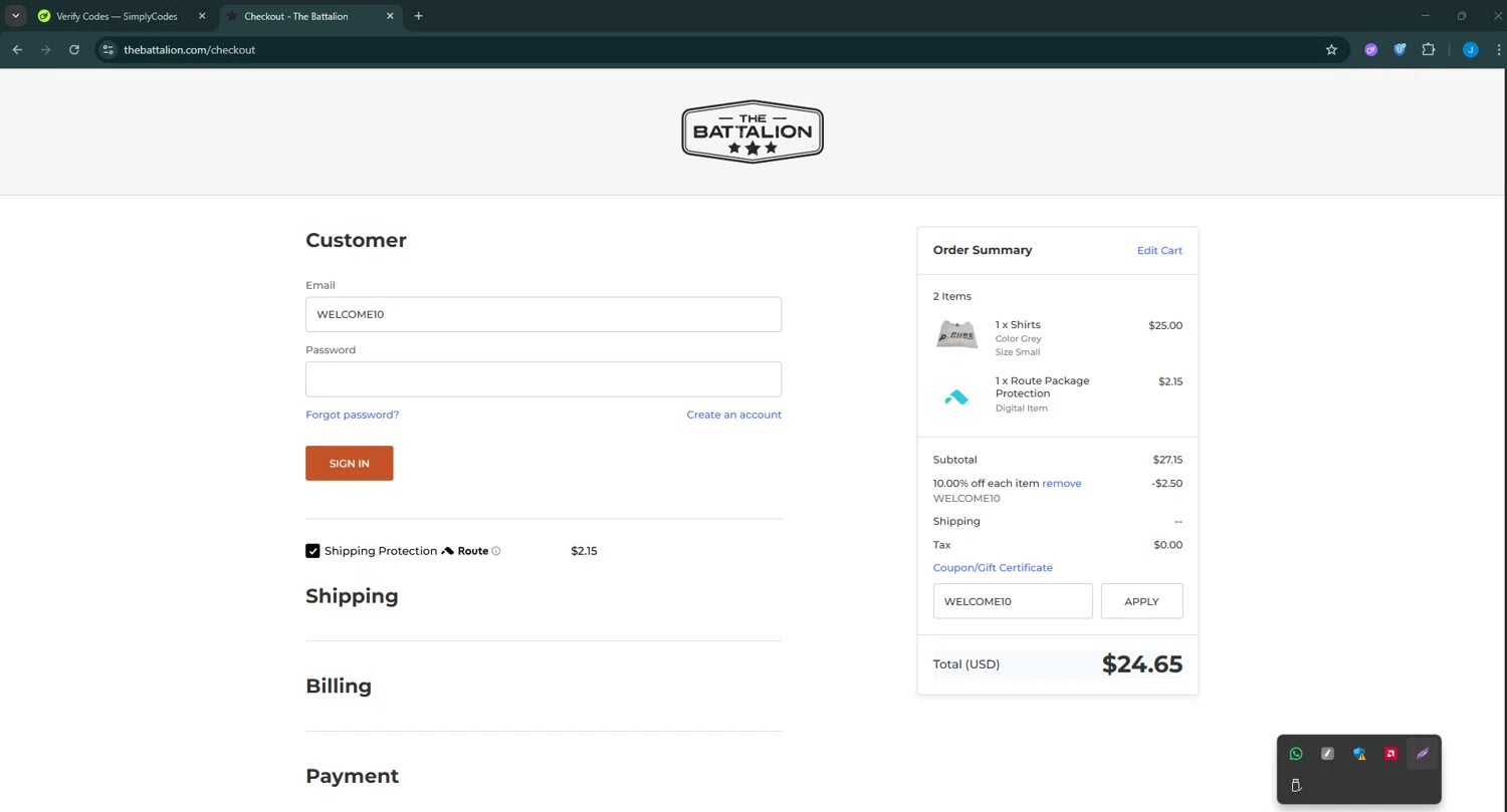 The Battalion promo code screenshot showing code WELCOME10 applied at The Battalion checkout page. Uploaded by SimplyCodes community member BargainGuardian280 on Dec 6, 2025