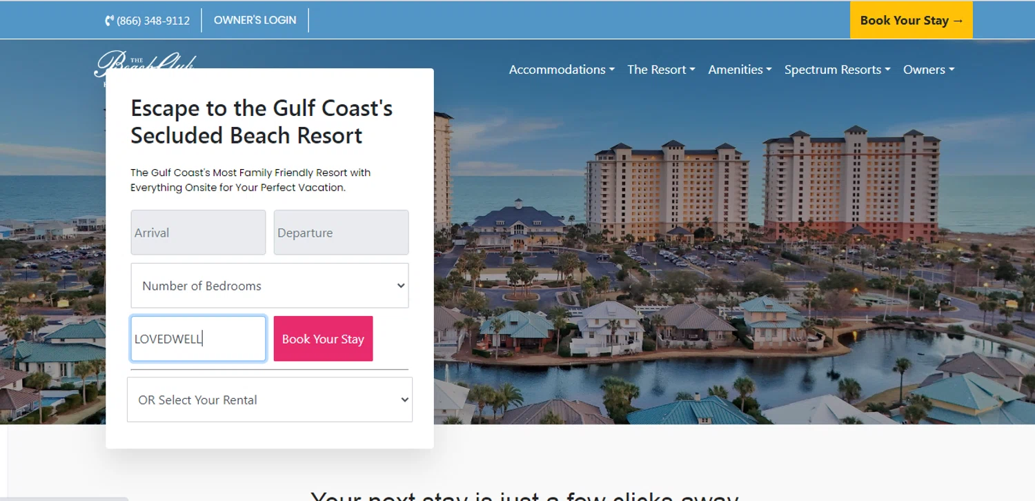 The Beach Club promo code screenshot showing code LOVEDWELL applied at The Beach Club checkout page. Uploaded by SimplyCodes community member obito1234 on Nov 16, 2025