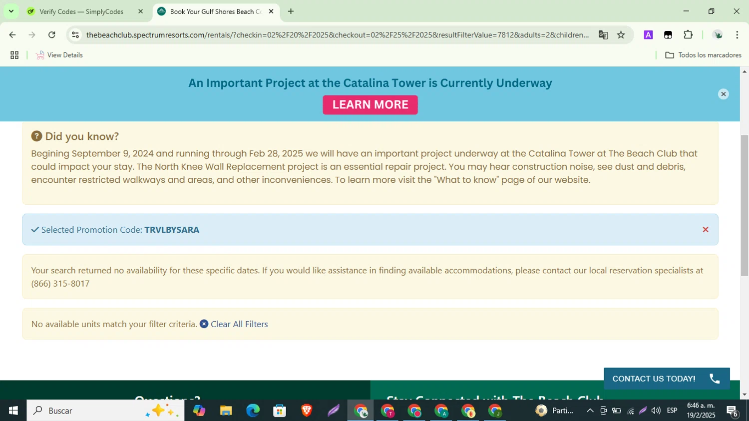 The Beach Club promo code screenshot showing code TRVLBYSARA applied at The Beach Club checkout page. Uploaded by SimplyCodes community member ShrewdSaver8478 on Feb 19, 2025