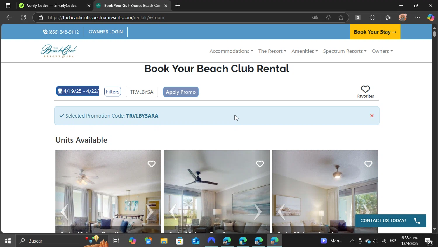 The Beach Club promo code screenshot showing code TRVLBYSARA applied at The Beach Club checkout page. Uploaded by SimplyCodes community member ShieldEagle9436 on Apr 18, 2025