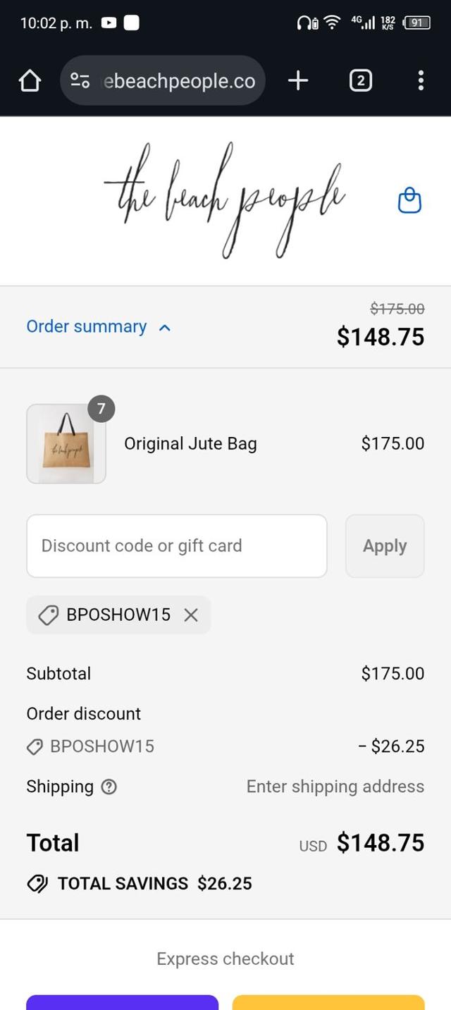 The Beach People checkout page showing The Beach People promo code box | Screenshot taken by SimplyCodes community member on Sep 11, 2025