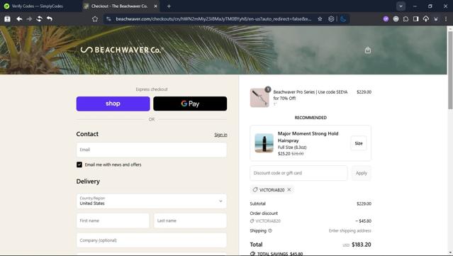 Beachwaver Co. checkout page showing Beachwaver Co. promo code box | Screenshot taken by SimplyCodes community member on Sep 9, 2025