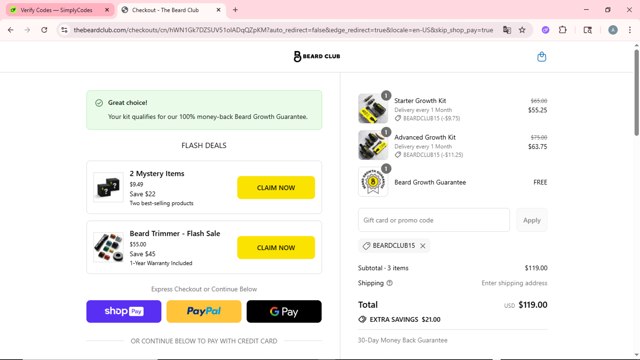 The Beard Club checkout page showing The Beard Club promo code box | Screenshot taken by SimplyCodes community member on Jul 31, 2025