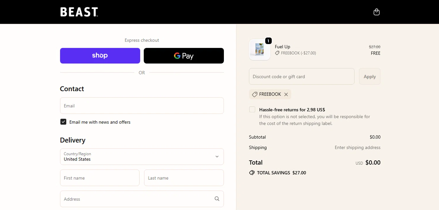 Beast Health promo code screenshot showing code freebook applied at Beast Health checkout page. Uploaded by SimplyCodes community member MagnificentCurator5441 on Sep 25, 2025
