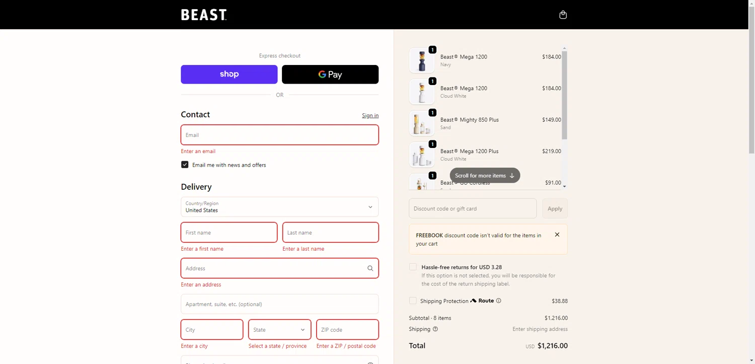 Beast Health promo code screenshot showing code freebook applied at Beast Health checkout page. Uploaded by SimplyCodes community member NobleMaestro6498 on Dec 29, 2025