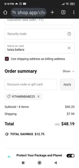 VITAMINBABE25 coupon verification screenshot