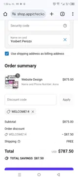 WELCOME14 coupon verification screenshot
