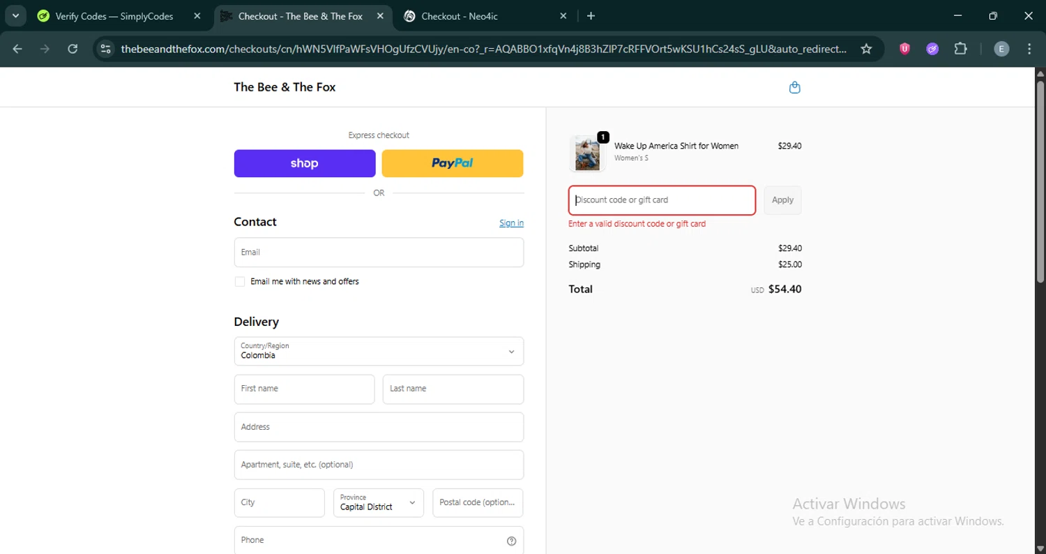The Bee & The Fox promo code screenshot showing code WELCOME applied at The Bee & The Fox checkout page. Uploaded by SimplyCodes community member ExtraordinaryMonarch4598 on Nov 20, 2025